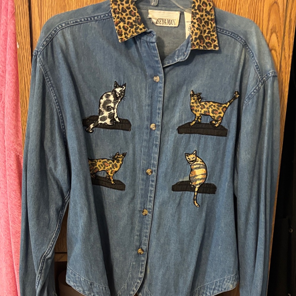 Denim Button Down Shirt with Cat Embroidery
